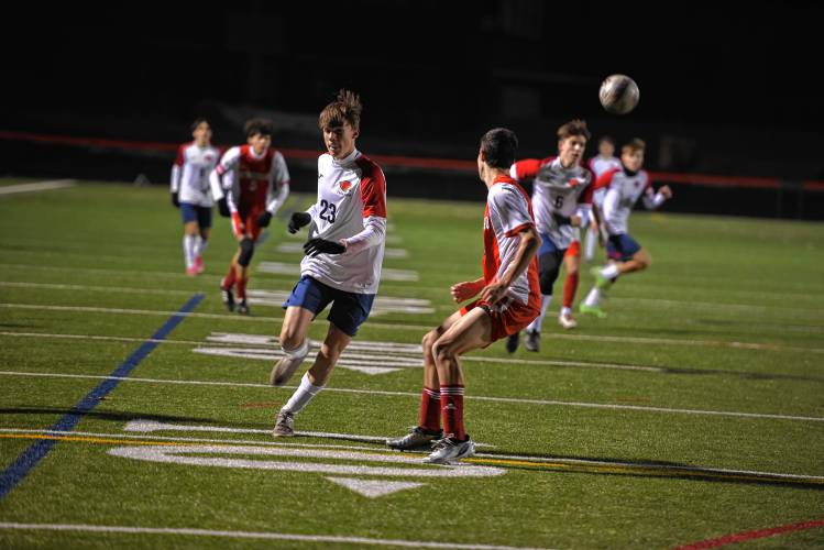 Frontier’s Grayden Gifford chips the ball up to himself against Tyngsborough in an MIAA Div. 4 quarterfinal contest in Tyngsborough on Thursday. 