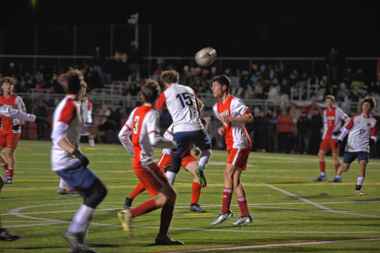 Frontier’s Casey Bestler heads a corner kick on goal against Tyngsborough in an MIAA Div. 4 quarterfinal contest in Tyngsborough on Thursday. 