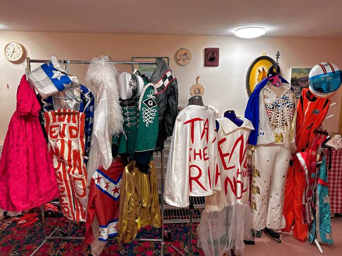 Some of Christopher “Monte” Belmonte’s outfits used during the annual march to support the Food Bank of Western Massachusetts.