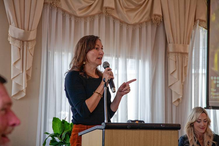 Community Involved in Sustaining Agriculture (CISA) Development Director Wendy Ferris speaks at the Franklin County Chamber of Commerce breakfast Friday morning at Terrazza in Greenfield.