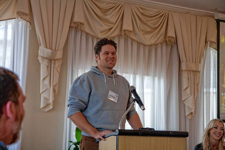 Warner Farm and Mike’s Maze General Manager David Wissemann speaks at the Franklin County Chamber of Commerce breakfast Friday morning at Terrazza in Greenfield.