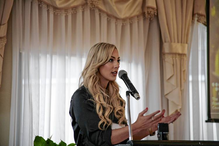 Franklin County Chamber of Commerce Executive Director Jessye Deane speaks at the chamber breakfast Friday morning at Terrazza in Greenfield.