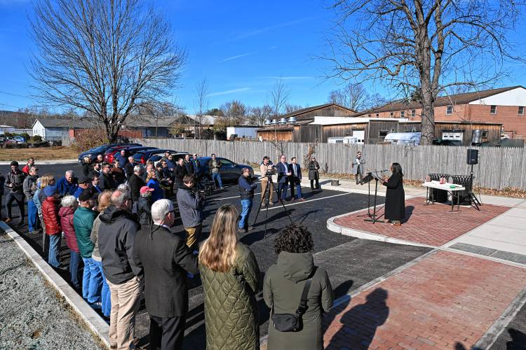 Joi Singh, the Federal Highway Administration’s Massachusetts division administrator, speaks at the ribbon-cutting ceremony for the new Leary Lot in the center of South Deerfield on Friday.