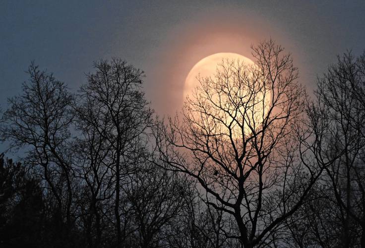 The nearly full moon Thursday evening rises over Rocky Mountain Park in Greenfield. 