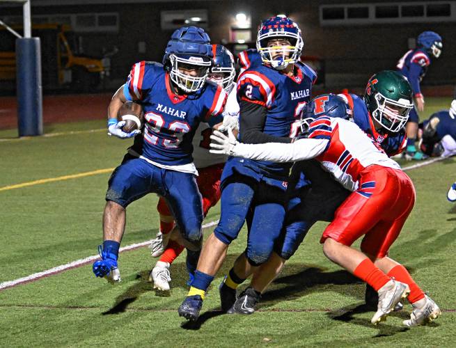 Mahar’s Ronnie Stone gains yards against Frontier in Orange Friday night. 