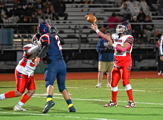 Frontier’s Kaden James lets a pass fly against Mahar in Orange Friday night.