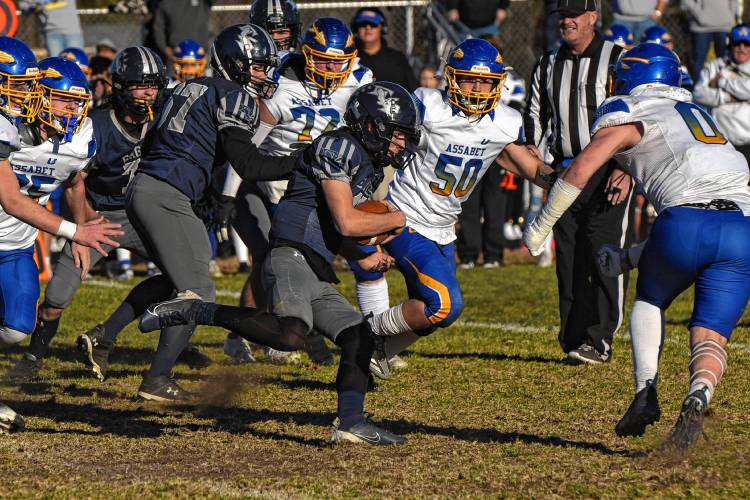 Franklin Tech’s Josiah Little runs through the Assabet Valley defense during the Eagles’ 20-14 loss in the state vocational quarterfinals on Saturday in Turners Falls.