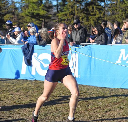 Frontier’s Sylvie DiBartolomeo runs to the finish line during the MIAA Div. 3 State Cross Country Championship at Fort Devens on Saturday. 