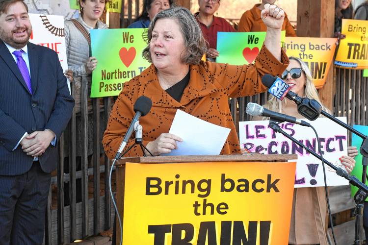 State Sen. Jo Comerford speaks at a Northern Tier Passenger Rail service press conference at the John W. Olver Transportation Center in Greenfield.