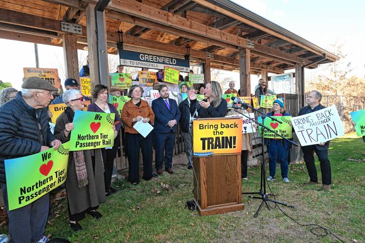 State Rep. Natalie Blais speaks at a Northern Tier Passenger Rail service press conference at the John W. Olver Transportation Center in Greenfield.