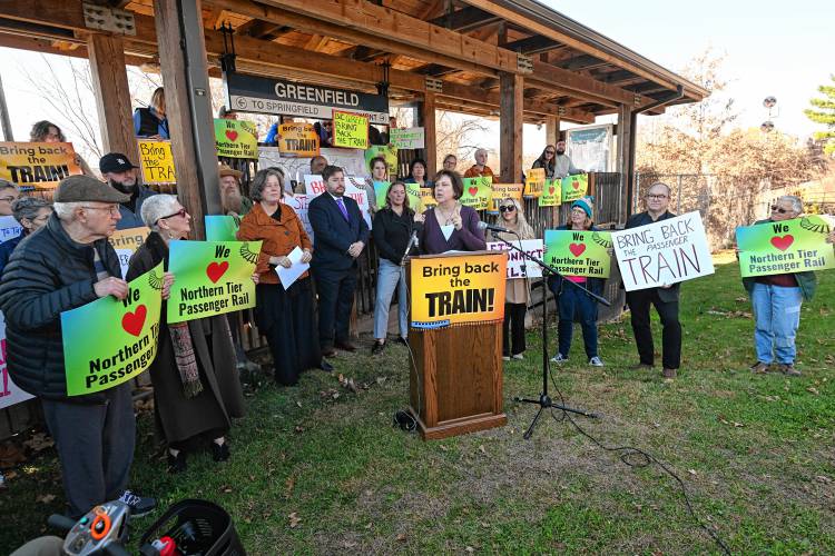 Linda Dunlavy of the Franklin Regional Council of Governments speaks at a Northern Tier Passenger Rail service press conference at the John W. Olver Transportation Center in Greenfield.