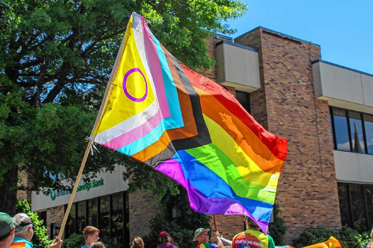 The intersex-pride flag flown by a parade participant during the Franklin County Pride Parade hosted by Franklin County Pride on June 15, 2024.