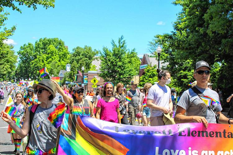 Franklin County Pride Parade marchers on Federal Street in Greenfield on June 15, 2024.