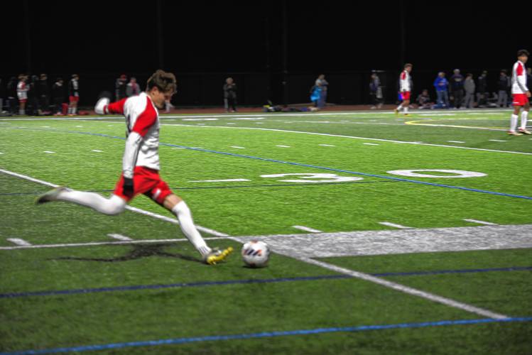 Frontier’s Diego Frazier takes a free kick against Lynnfield during an MIAA Div. 4 semifinal contest at Ayer Shirley High School Tuesday. 