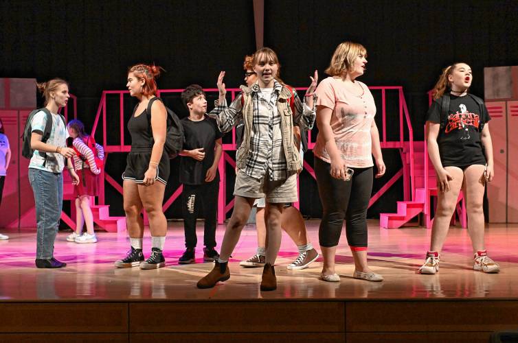 Marketa Vachula-Curtis as the new girl Cady Heron, center, during a scene from “Mean Girls Jr.” at Turners Falls High School and Great Falls Middle School on Wednesday. Performances are set for Thursday, Nov. 21 through Sunday, Nov. 24.