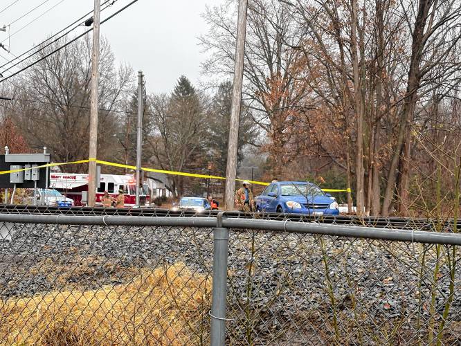 First responders on scene along the railroad tracks in South Deerfield on Thursday morning, where a 43-year-old man was struck and killed by an Amtrak train.