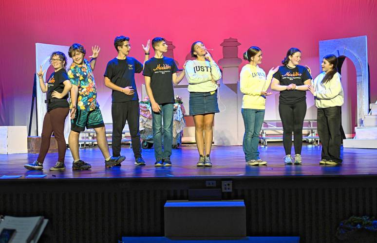 Cast members rehearse a scene from “Aladdin” being put on at Ralph C. Mahar Regional School in Orange. From left are Abby Parsons as Kassim, Anthony Marigliano as Babkak, Michael LaPlante as Prince Abdullah, Cory Tanner as the sultan, Jaya McBroom as Jasmine, Arabella Maylo as Manal, Audrey Elwood as Isir and Julie Montemor as Rajah.