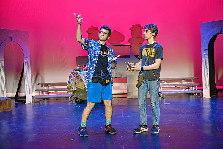 Alex Mayo as the genie and Evan Piscitello as Aladdin rehearse a scene from “Aladdin” being put on at Ralph C. Mahar Regional School in Orange.