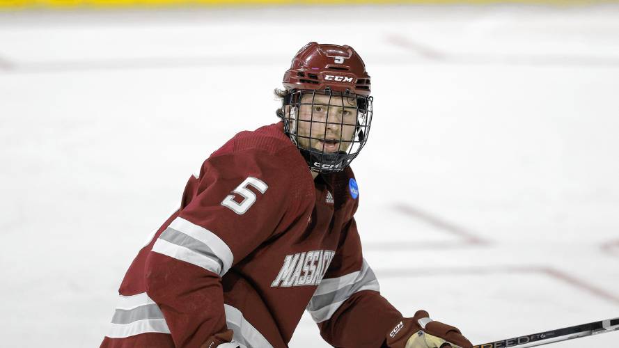 UMass defenseman Linden Alger (5) has three goals and an assist for the Minutemen this season.