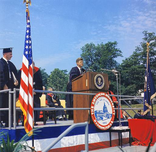 President John F. Kennedy delivers the commencement address at American University on June 10, 1963. President John F. Kennedy delivers the commencement address at American University on June 10, 1963.