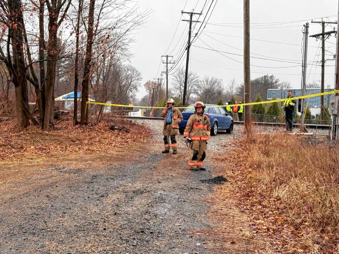 First responders on scene along the railroad tracks in South Deerfield on Thursday morning, where a 43-year-old man was struck and killed by an Amtrak train.