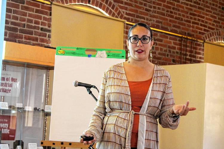 Leah Hopkins, the state Department of Conservation and Recreation’s new Indigenous peoples partnership coordinator, speaks at the Great Falls Discovery Center in Turners Falls on Wednesday morning.