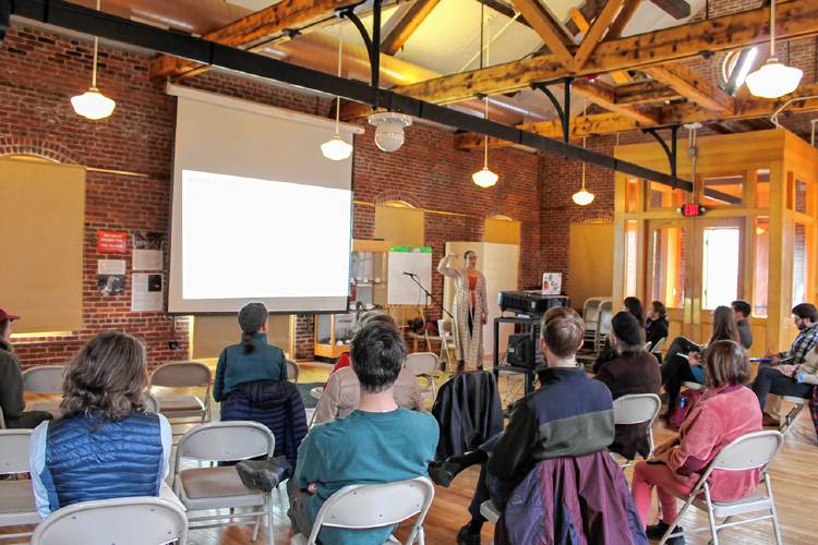 Leah Hopkins, the state Department of Conservation and Recreation’s new Indigenous peoples partnership coordinator, speaks at the Great Falls Discovery Center in Turners Falls on Wednesday morning.