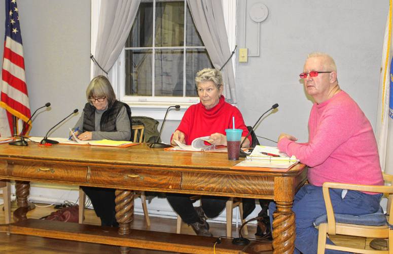 From left, Orange Selectboard Vice Chair Pat Lussier, member Jane Peirce and Chair Tom Smith at Wednesday’s meeting.