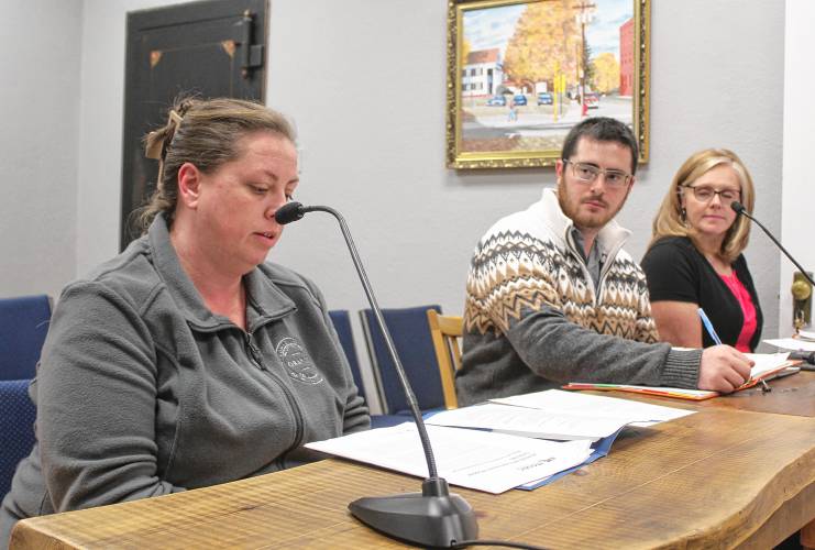 Ashley Gough, Orange’s health agent, speaks to the Selectboard during Wednesday’s meeting. To her left are Town Administrator Matthew Fortier and Brianne Bruso, Fortier’s administrative assistant.