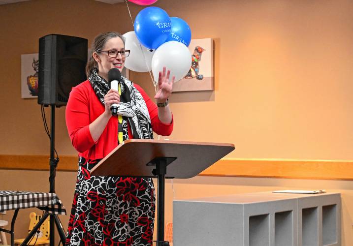 CEO Dr. Allison van der Velden of the Community Health Center of Franklin County speaks during the grand opening of the center’s 8 Burnham St. location in Montague on Monday.