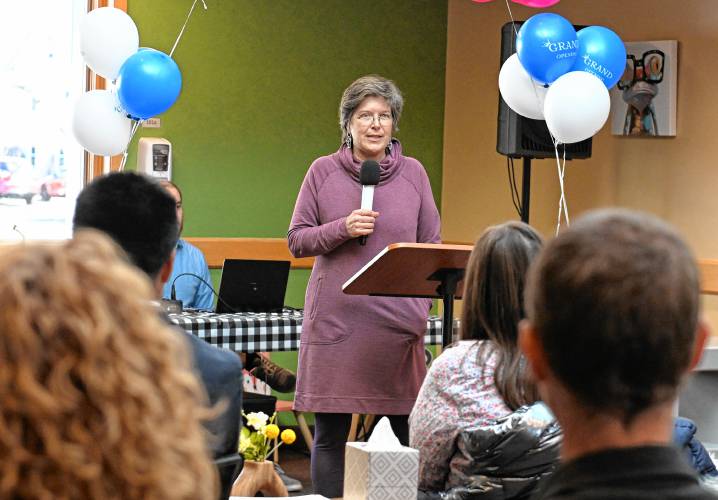 Phoebe Walker, director of community health with the Franklin Regional Council of Governments, speaks during the grand opening of the Community Health Center of Franklin County’s 8 Burnham St. location in Montague on Monday.