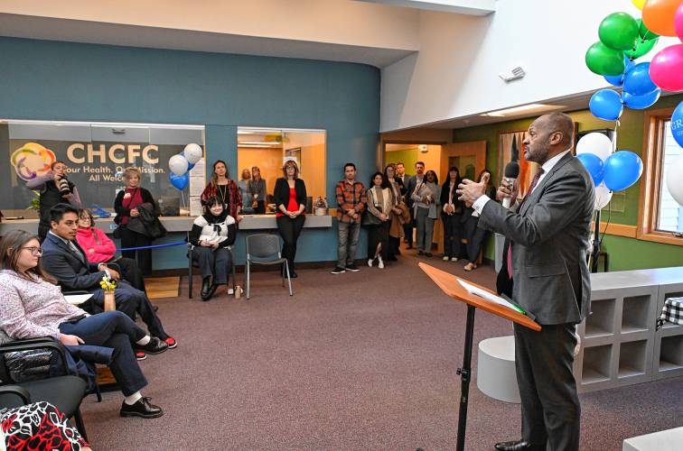 Michael Curry, president and CEO of the Massachusetts League of Community Health Centers, speaks during the grand opening of the Community Health Center of Franklin County’s 8 Burnham St. location in Montague on Monday.