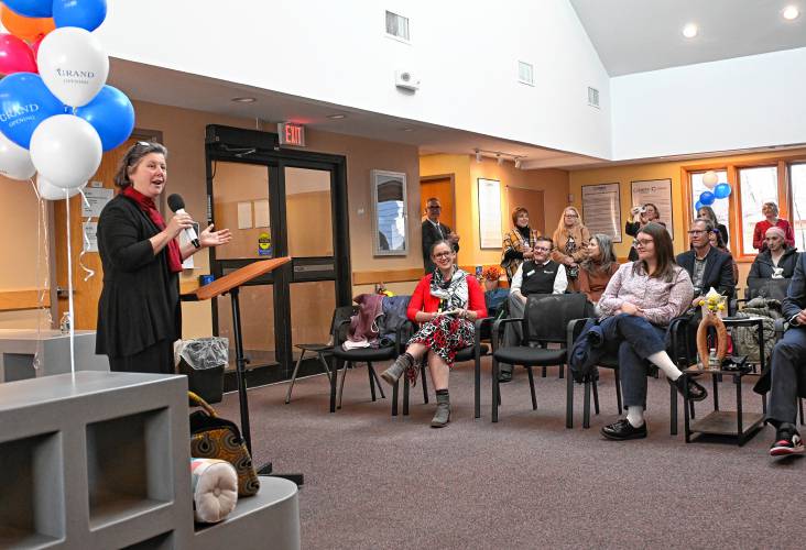 Sen. Jo Comerford speaks during the grand opening of the Community Health Center of Franklin County’s 8 Burnham St. location in Montague on Monday.