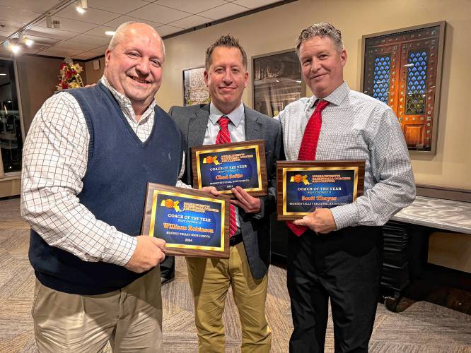 From left to right: Hoosac Valley coach Bill Robinson, Mahar coach Chad Softic and Pioneer coach Scott Thayer after being presented Massachusetts Basketball Coaches Association's Coach of the Year awards on Sunday at Holy Cross in Worcester.