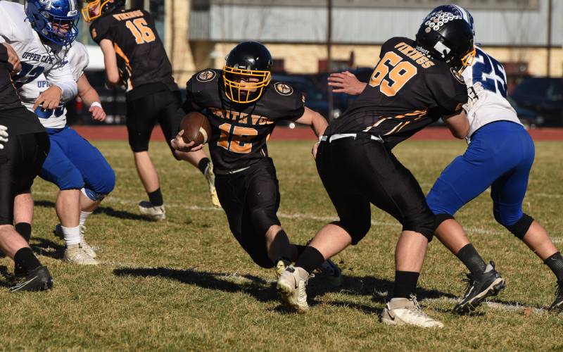 Smith Vocational’s Jared Baer carries the ball against Upper Cape Cod Tech earlier this season. 