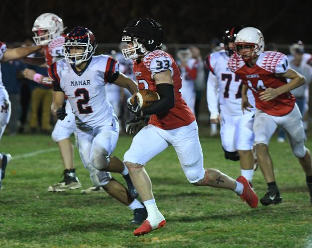 Athol’s Sawyer Lefsyk runs the ball against Mahar at O’Brien Field in Athol earlier this season.