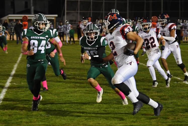 Mahar’s Jayden Delgado runs with the ball against Greenfield at Veterans Field in Greenfield earlier this season.   