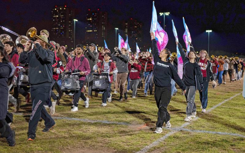 Members of the UMass marching band practice for the Macy’s Thanksgiving Day Parade.