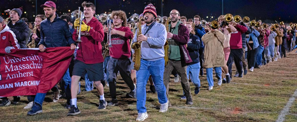 Members of the UMass marching band practice for the Macy’s Thanksgiving Day Parade.