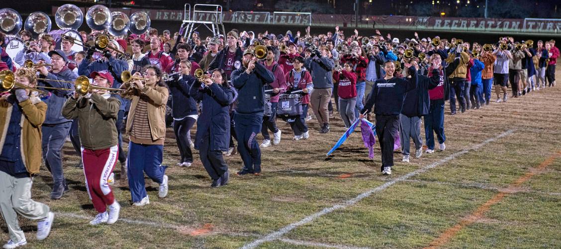 Members of the UMass marching band practice for the Macy’s Thanksgiving Day Parade.