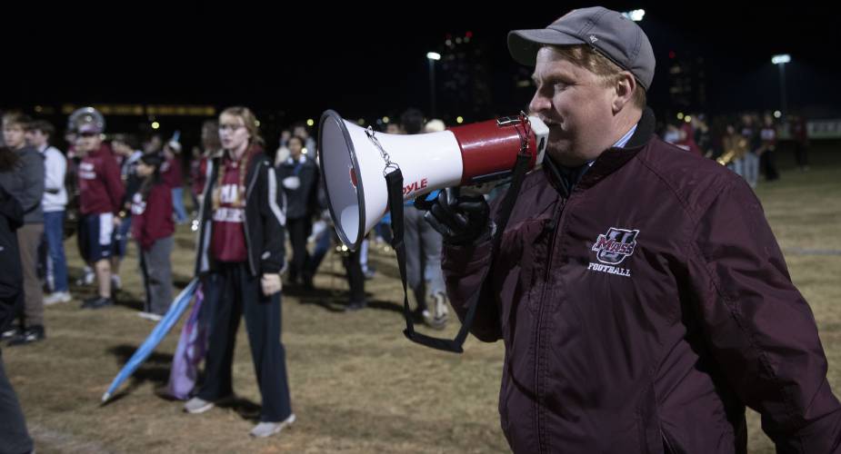 Timothy Anderson, the UMass marching band director, gives direction during a practice for the Macy’s Thanksgiving Day Parade. 