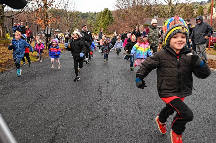 Students at Bernardston Elementary School participate in the annual turkey trot on Wednesday morning.