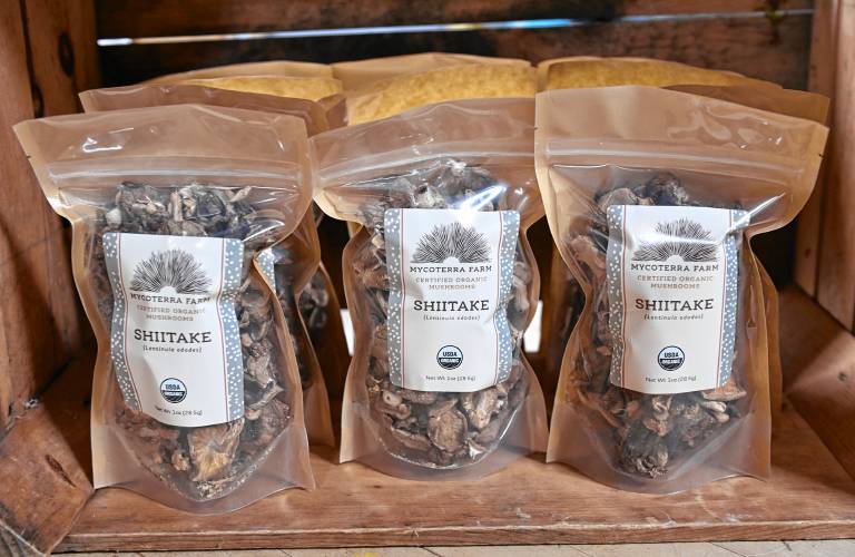 Dried mushrooms for sale in the farm store at Mycoterra Farm in Deerfield.