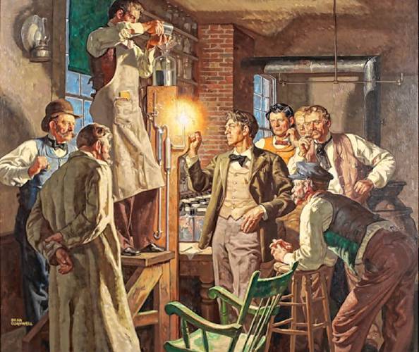 Commissioned by Edison Mazda to produce calendar art in 1940, the illustrator Dean Cornwell created this well composed dramatic scene of the moment the first incandescent lamp was lit. This painting is part of the “Edison Mazda” exhibit currently on display at the Rockwell Museum.