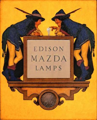 Along with Norman Rockwell, the incomparable illustrator Maxfield Parrish was also commissioned by Edison Mazda to produce images promoting the modern light bulb. This Parrish painting is part of the “Edison Mazda” exhibit currently on display at the Rockwell Museum.