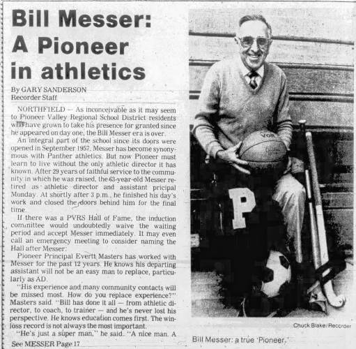 This article and photo ran in the July 2, 1986 edition of the Recorder celebrating the retirement of longtime Pioneer educator and athletic director Bill Messer. Messer died last week at the age of 101, and a celebration of life to honor him will take place at Messer Gymnasium (named after him) in Northfield today at 11 a.m.