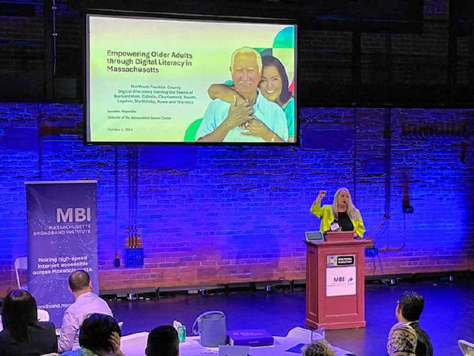 Bernardston Senior Center Director Jennifer Reynolds presents at the Massachusetts Broadband Institute’s awards event, held during National Digital Inclusion Week in October.