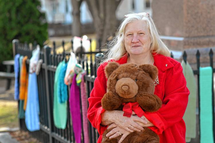 Wendell resident Sandra Cross Beebe placed more than 1,000 scarves, hats, mittens, gloves and stuffed animals on the Greenfield Common for anyone in need.