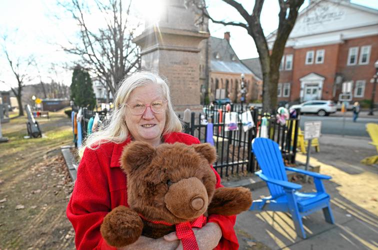 Wendell resident Sandra Cross Beebe placed more than 1,000 scarves, hats, mittens, gloves and stuffed animals on the Greenfield Common for anyone in need.