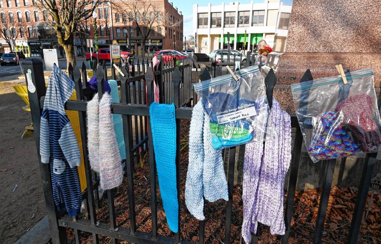 Wendell resident Sandra Cross Beebe, with help from family and friends, filled the Greenfield Common with scarves, hats, mittens, gloves and stuffed animals for the seventh year in a row.